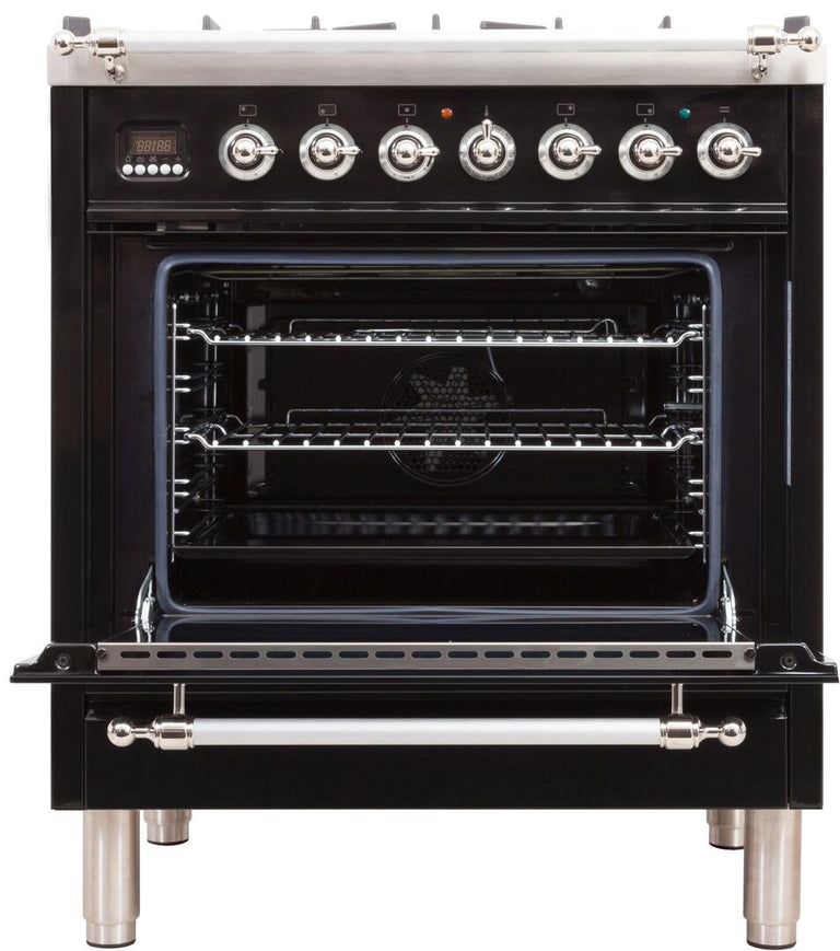 ILVE 30 in. Nostalgie Series Single Oven Natural Gas Burner and Electric Oven Range in Glossy Black with Chrome Trim, UPN76DMPNXNG