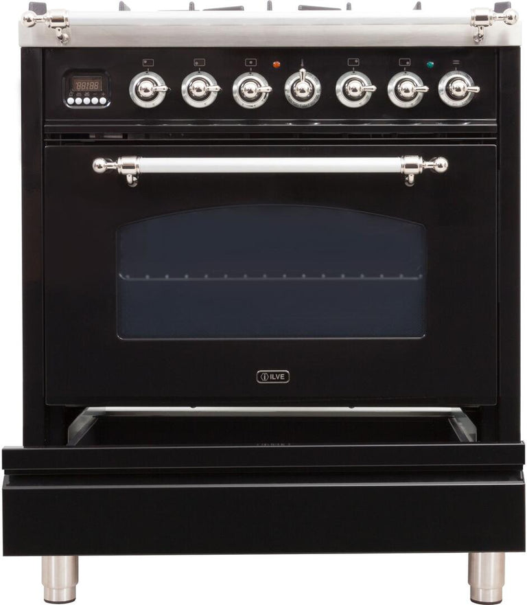 ILVE 30 in. Nostalgie Series Single Oven Natural Gas Burner and Electric Oven Range in Glossy Black with Chrome Trim, UPN76DMPNXNG