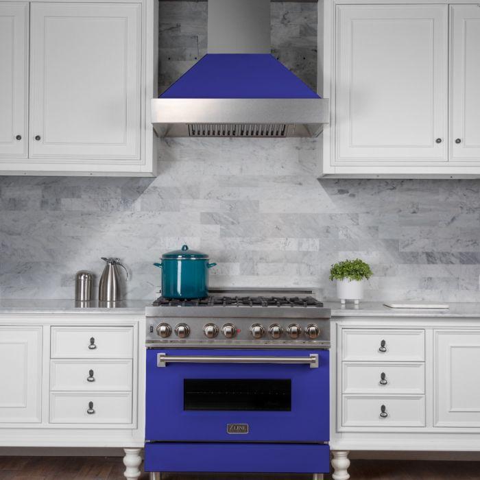 ZLINE 36 in. Ducted DuraSnow® Stainless Steel Range Hood with Blue Matte Shell, 8654BM-36