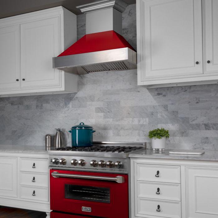 ZLINE 36 in. Ducted DuraSnow® Stainless Steel Range Hood with Red Gloss Shell, 8654RG-36