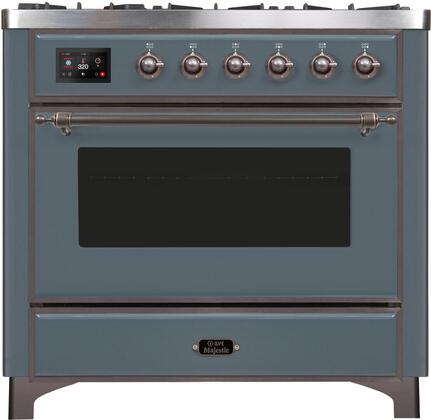 ILVE Majestic II 36" Natural Gas Burner, Electric Oven Range in Blue Grey with Bronze Trim, UM09FDNS3BGBNG
