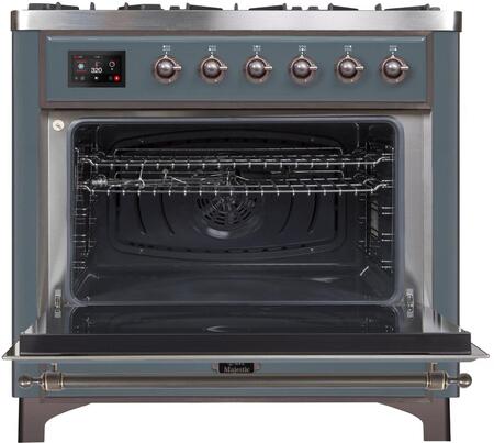 ILVE Majestic II 36" Natural Gas Burner, Electric Oven Range in Blue Grey with Bronze Trim, UM09FDNS3BGBNG