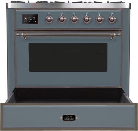 ILVE Majestic II 36" Natural Gas Burner, Electric Oven Range in Blue Grey with Bronze Trim, UM09FDNS3BGBNG
