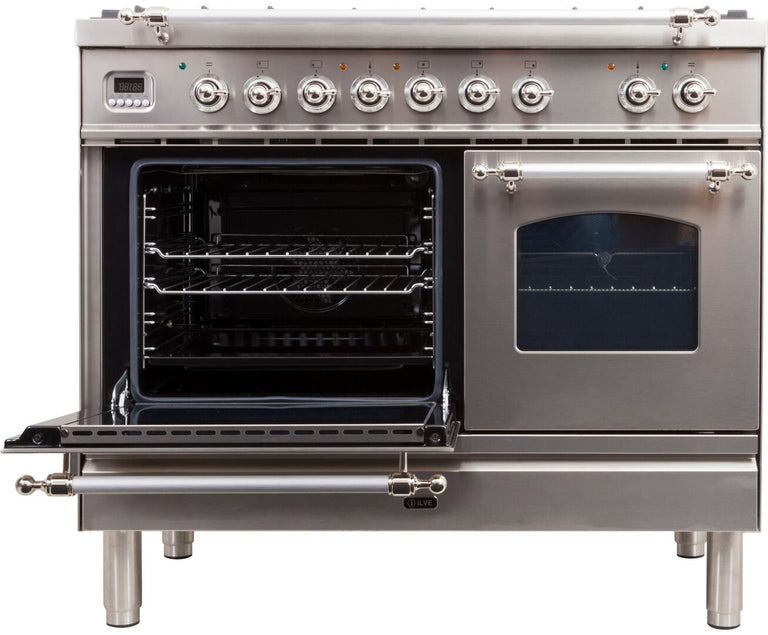 ILVE 40 in. Nostalgie Series Natural Gas Burner and Electric Oven Range in Stainless Steel with Chrome Trim, UPDN100FDMPIXNG