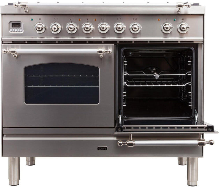 ILVE 40 in. Nostalgie Series Natural Gas Burner and Electric Oven Range in Stainless Steel with Chrome Trim, UPDN100FDMPIXNG