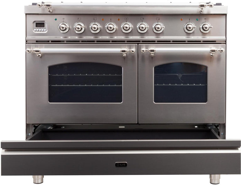 ILVE 40 in. Nostalgie Series Natural Gas Burner and Electric Oven Range in Stainless Steel with Chrome Trim, UPDN100FDMPIXNG