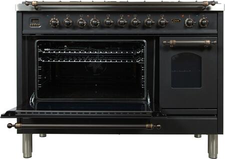 ILVE 48 in. Nostalgie Series Natural Gas Burner and Electric Oven Range in Matte Graphite with Bronze Trim, UPN120FDMPMYNG