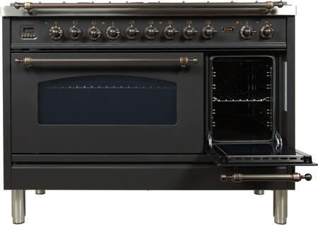 ILVE 48 in. Nostalgie Series Natural Gas Burner and Electric Oven Range in Matte Graphite with Bronze Trim, UPN120FDMPMYNG
