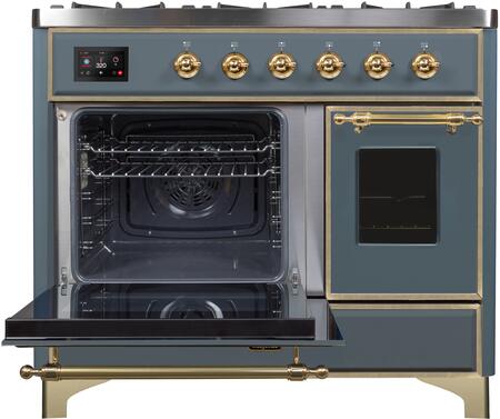 ILVE Majestic II 40" Natural Gas Burner, Electric Oven Range in Blue Grey with Brass Trim, UMD10FDNS3BGGNG