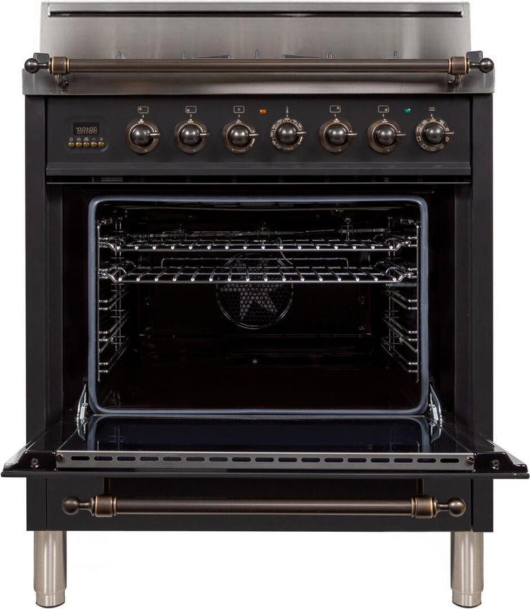 ILVE 30 in. Nostalgie Series Single Oven Natural Gas Burner and Oven in Matte Graphite with Oiled Bronze Trim, UPN76DVGGMYNG