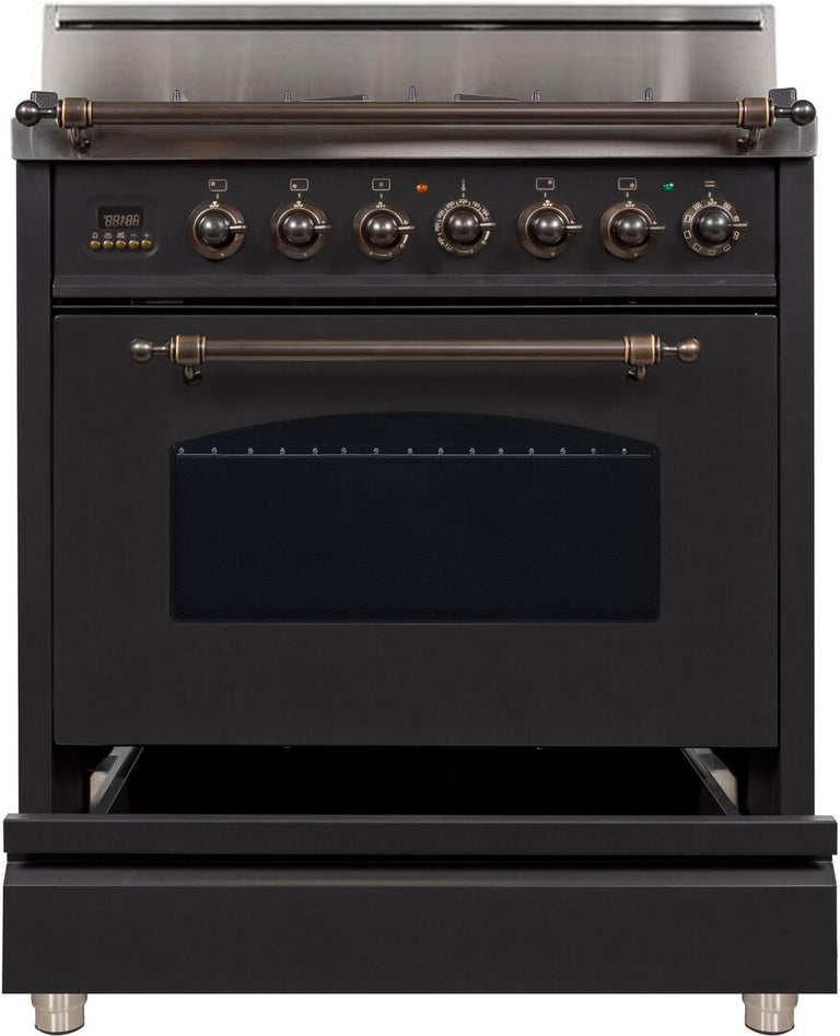 ILVE 30 in. Nostalgie Series Single Oven Natural Gas Burner and Oven in Matte Graphite with Oiled Bronze Trim, UPN76DVGGMYNG