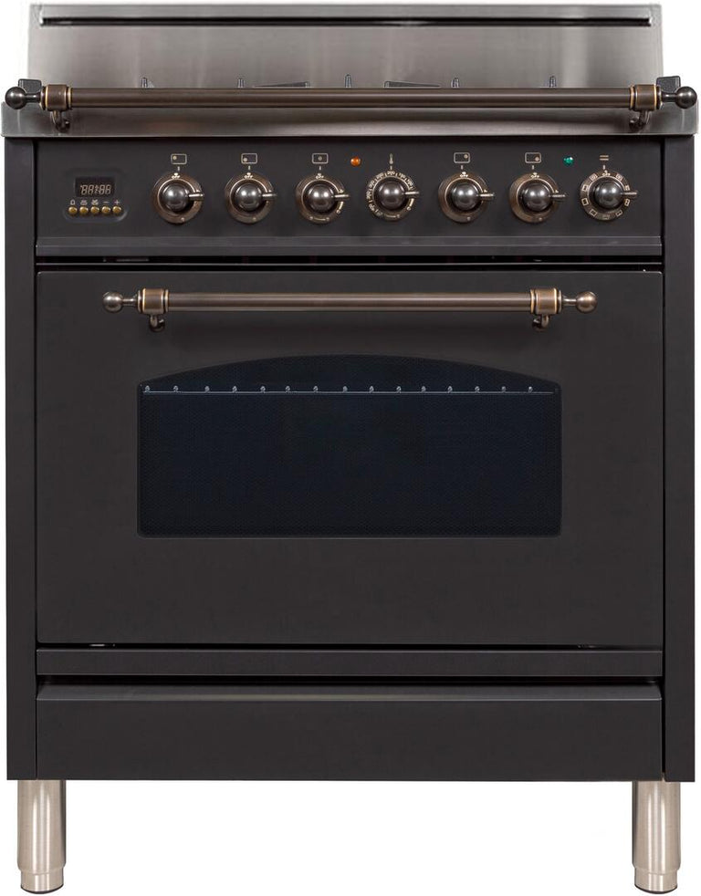 ILVE 30 in. Nostalgie Series Single Oven Natural Gas Burner and Oven in Matte Graphite with Oiled Bronze Trim, UPN76DVGGMYNG