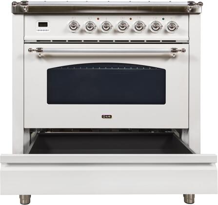 ILVE 36 in. Nostalgie Series Single Oven Natural Gas Burner and Oven in White with Chrome Trim, UPN90FDVGGBXNG