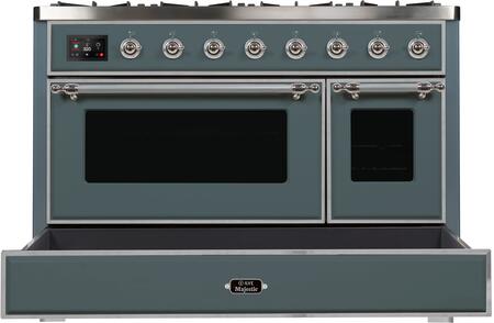 ILVE Majestic II 48" Propane Gas Burner, Electric Oven Range in Blue Grey with Chrome Trim, UM12FDNS3BGCLP
