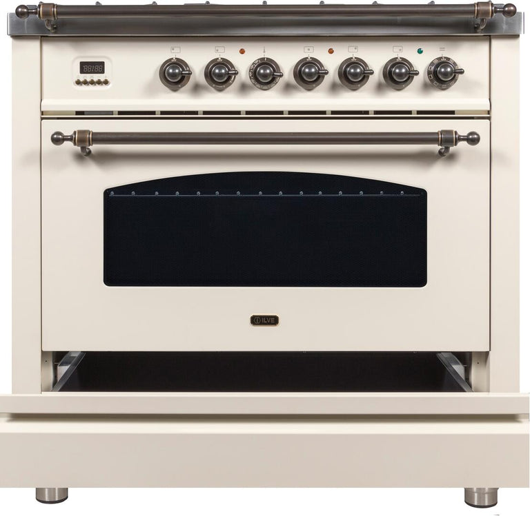 ILVE 36 in. Nostalgie Series Single Oven Propane Gas Burner and Electric Oven Range in Antique White with Bronze Trim, UPN90FDMPAYLP