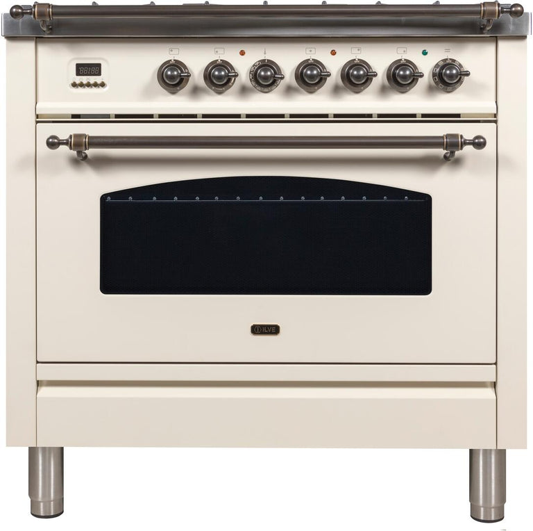 ILVE 36 in. Nostalgie Series Single Oven Propane Gas Burner and Electric Oven Range in Antique White with Bronze Trim, UPN90FDMPAYLP