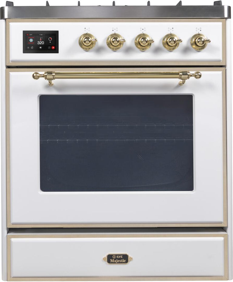 ILVE 30 in. Majestic II Series Natural Gas Burner and Single Electric Oven in White with Brass Trim, UM30DNE3WHGNG