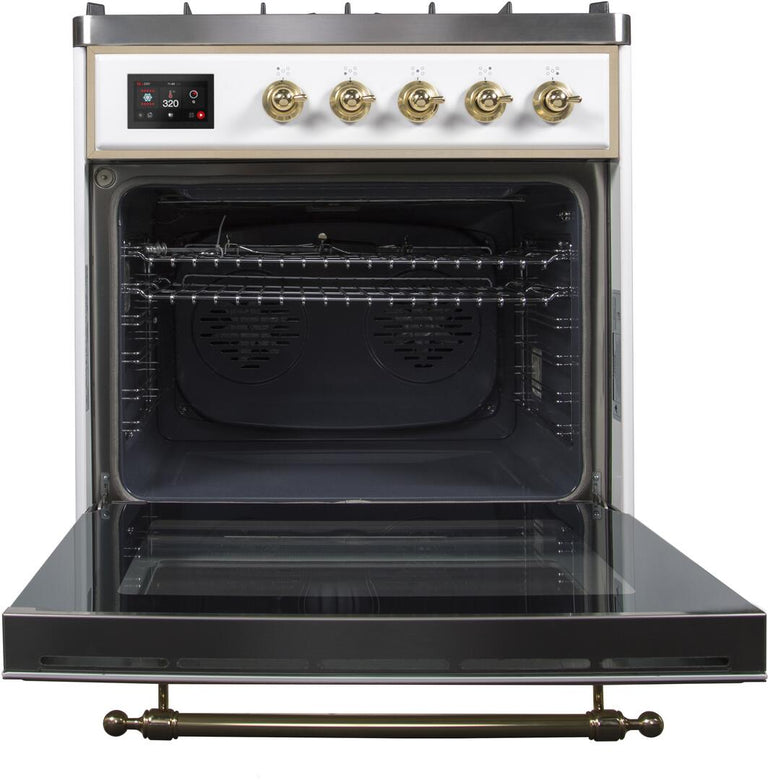 ILVE 30 in. Majestic II Series Natural Gas Burner and Single Electric Oven in White with Brass Trim, UM30DNE3WHGNG