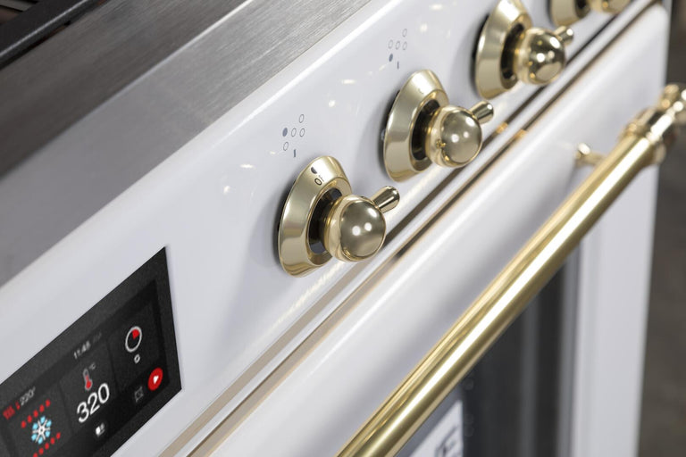 ILVE 30 in. Majestic II Series Natural Gas Burner and Single Electric Oven in White with Brass Trim, UM30DNE3WHGNG