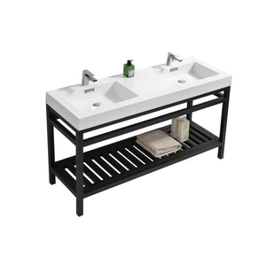 KubeBath Cisco 60 in. Double Sink Stainless Steel Console with Acrylic Sink - Matte Black, AC60D-BK