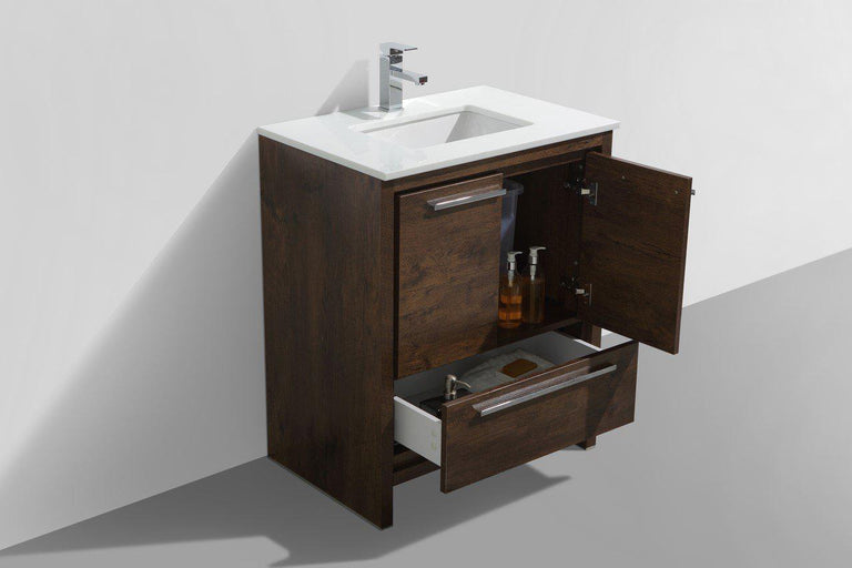 KubeBath Dolce 30″ Rose Wood Modern Bathroom Vanity with White Quartz Counter-Top, AD630RW