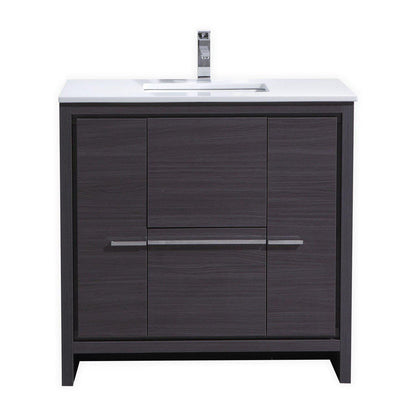 KubeBath Dolce 36 in. Modern Bathroom Vanity with White Quartz Counter Top - Gray Oak, AD636WB