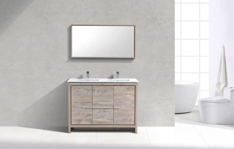 KubeBath Dolce 48 in. Double Sink Modern Bathroom Vanity with White Quartz Counter Top - Nature Wood, AD648DNW