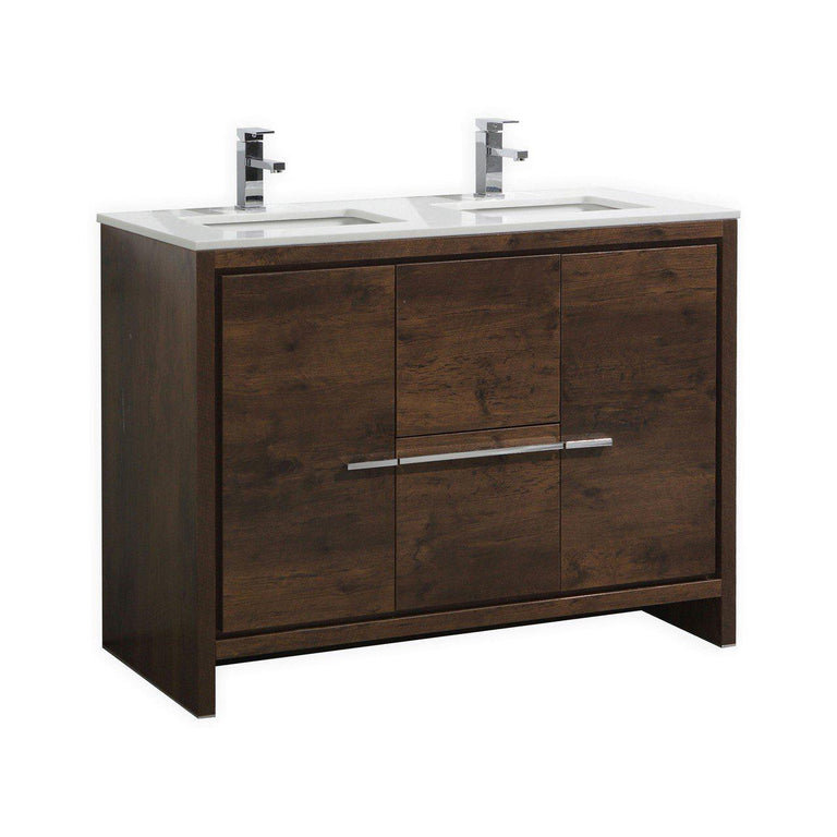 KubeBath Dolce 48 in. Double Sink Rose Wood  Modern Bathroom Vanity with White Quartz Counter-Top, AD648DRW