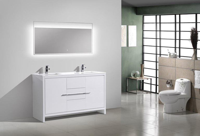 KubeBath Dolce 60 in. Double Sink Modern Bathroom Vanity with White Quartz Counter Top - High Gloss White, AD660DGW