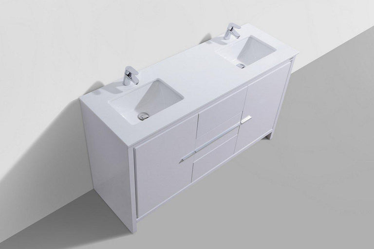 KubeBath Dolce 60 in. Double Sink Modern Bathroom Vanity with White Quartz Counter Top - High Gloss White, AD660DGW
