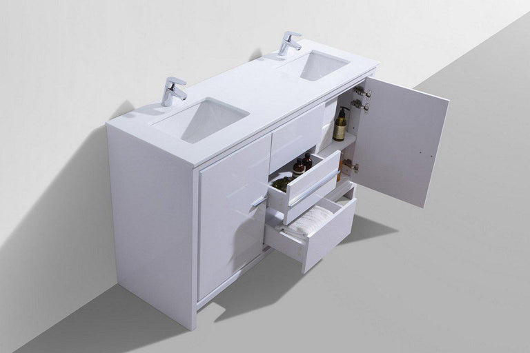 KubeBath Dolce 60 in. Double Sink Modern Bathroom Vanity with White Quartz Counter Top - High Gloss White, AD660DGW