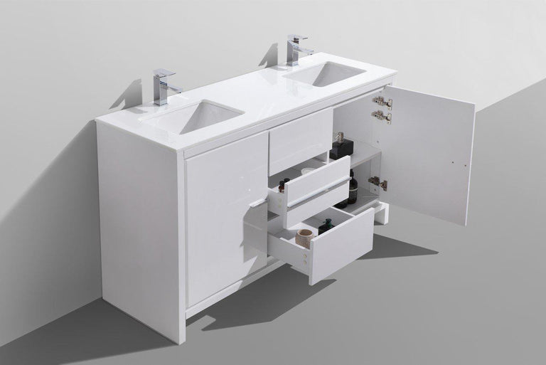 KubeBath Dolce 60 in. Double Sink Modern Bathroom Vanity with White Quartz Counter Top - High Gloss White, AD660DGW