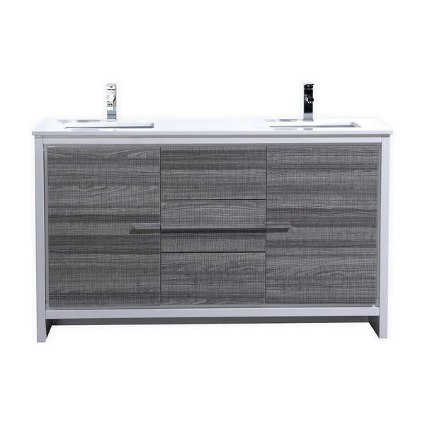 KubeBath Dolce 60 in. Double Sink Modern Bathroom Vanity with White Quartz Counter Top - Ash Gray, AD660DHG