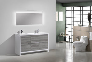 KubeBath Dolce 60 in. Double Sink Modern Bathroom Vanity with White Quartz Counter Top - Ash Gray, AD660DHG