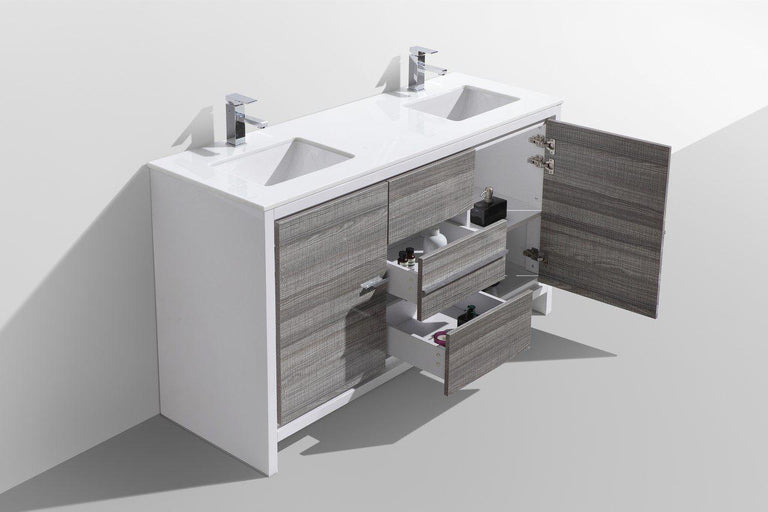 KubeBath Dolce 60 in. Double Sink Modern Bathroom Vanity with White Quartz Counter Top - Ash Gray, AD660DHG