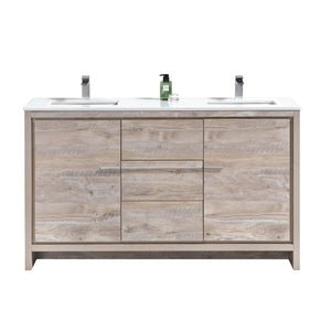 KubeBath Dolce 60 in. Double Sink Modern Bathroom Vanity with White Quartz Counter Top - Nature Wood, AD660DNW