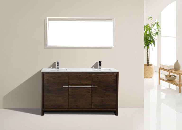 KubeBath Dolce 60 in. Double Sink Rose Wood Modern Bathroom Vanity with White Quartz Counter-Top, AD660DRW