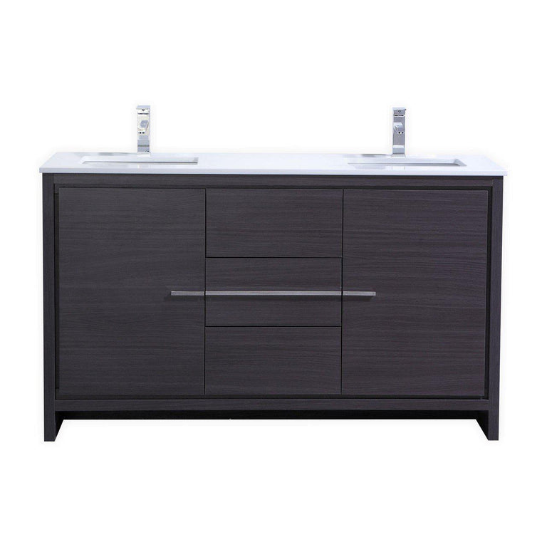 KubeBath Dolce 60 in. Double Sink Modern Bathroom Vanity with White Quartz Counter Top - Dark Gray Oak, AD660DWB