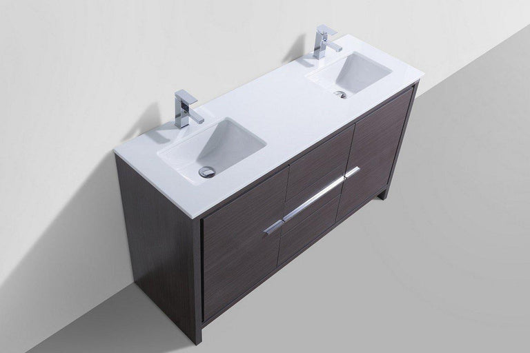 KubeBath Dolce 60 in. Double Sink Modern Bathroom Vanity with White Quartz Counter Top - Dark Gray Oak, AD660DWB