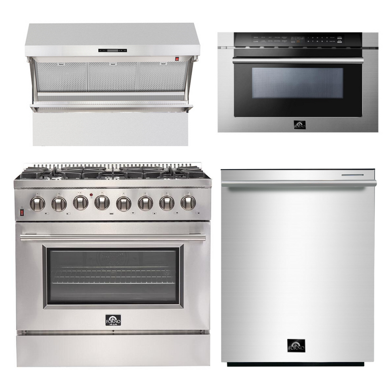 Forno Appliance Package - 36 Inch Dual Fuel Range, Wall Mount Range Hood, Microwave Drawer, Dishwasher, AP-FFSGS6156-36-6