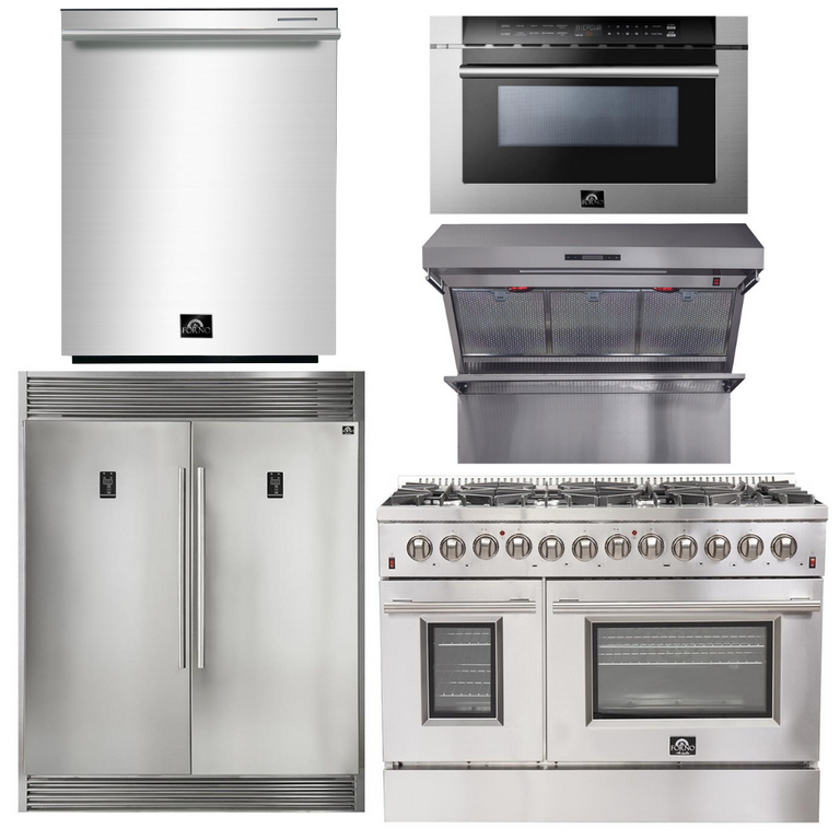 Forno Package - 48 Inch Dual Fuel Range, Wall Mount Range Hood, Refrigerator, Microwave Drawer, Dishwasher, AP-FFSGS6156-48-8