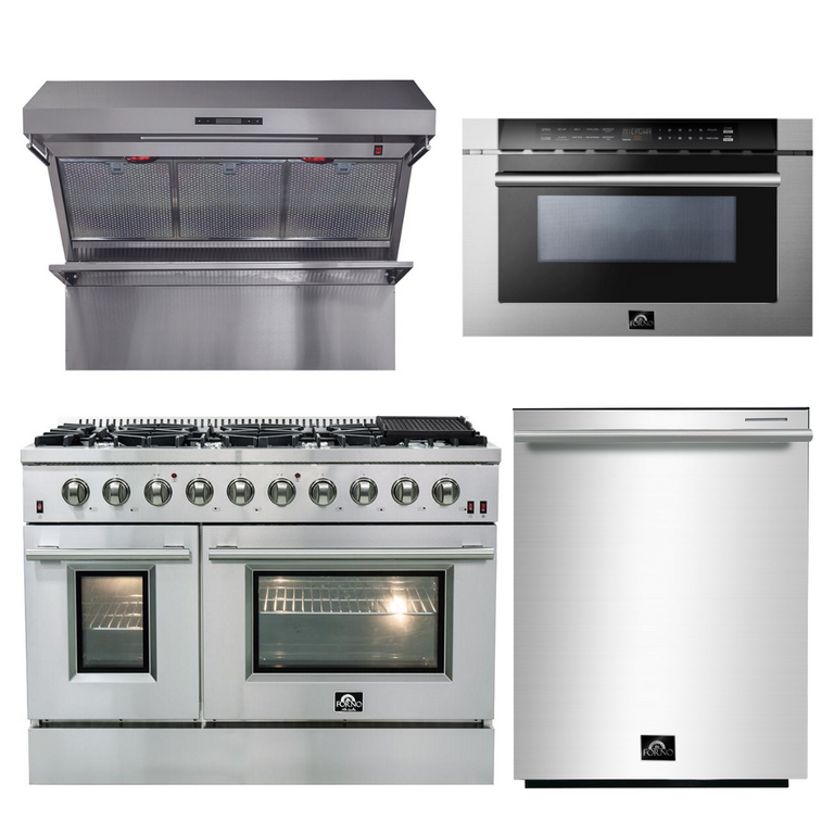 Forno Appliance Package - 48 Inch Gas Range, Wall Mount Range Hood, Microwave Drawer, Dishwasher, AP-FFSGS6244-48-6