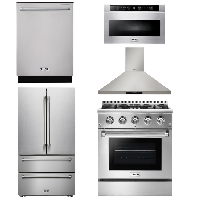 Thor Kitchen Package - 30" Dual Fuel Range, Range Hood, Microwave, Refrigerator, Dishwasher, AP-HRD3088U-19