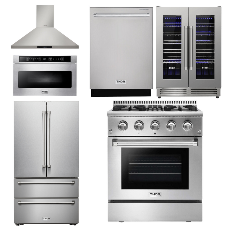 Thor Kitchen Package - 30" Dual Fuel Range, Range Hood, Microwave, Refrigerator, Dishwasher, Wine Cooler, AP-HRD3088U-20
