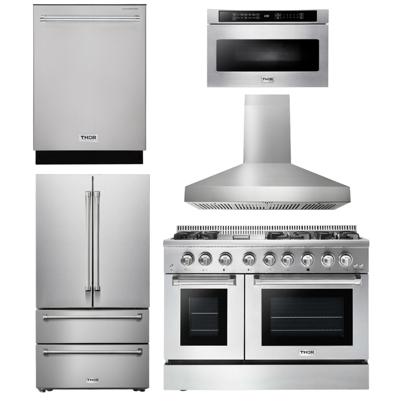 Thor Kitchen Package - 48" Dual Fuel Range, Range Hood, Refrigerator, Dishwasher, Microwave, AP-HRD4803U-W-13