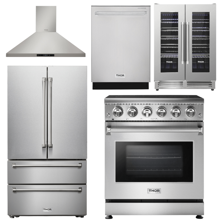Thor Kitchen Package - 30" Electric Range, Range Hood, Refrigerator, Dishwasher, Wine Cooler, AP-HRE3001-17