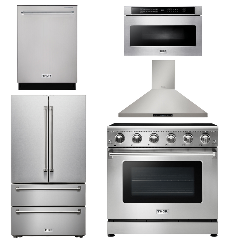 Thor Kitchen Package - 36" Electric Range, Range Hood, Microwave, Refrigerator, Dishwasher, AP-HRE3601-19
