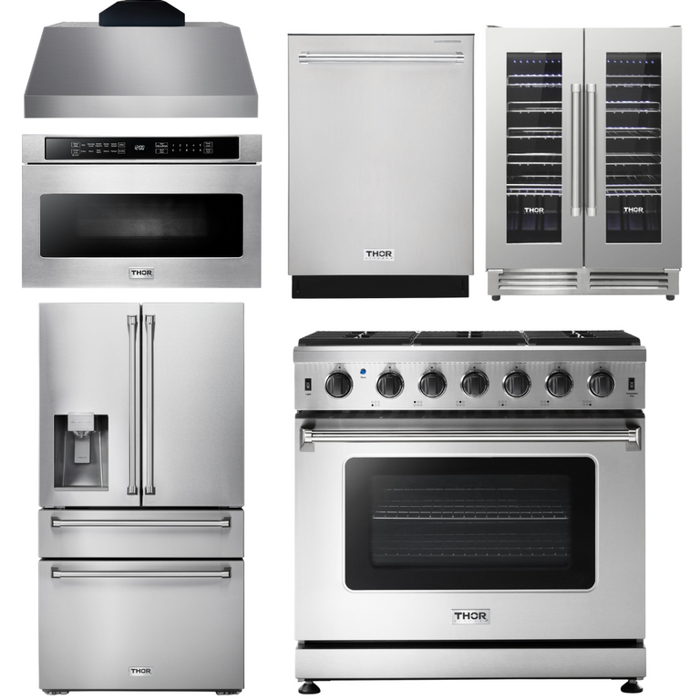 Thor Kitchen Package - 36" Electric Range, Range Hood, Microwave, Refrigerator with Water and Ice Dispenser, Dishwasher, Wine Cooler, AP-HRE3601-C-10