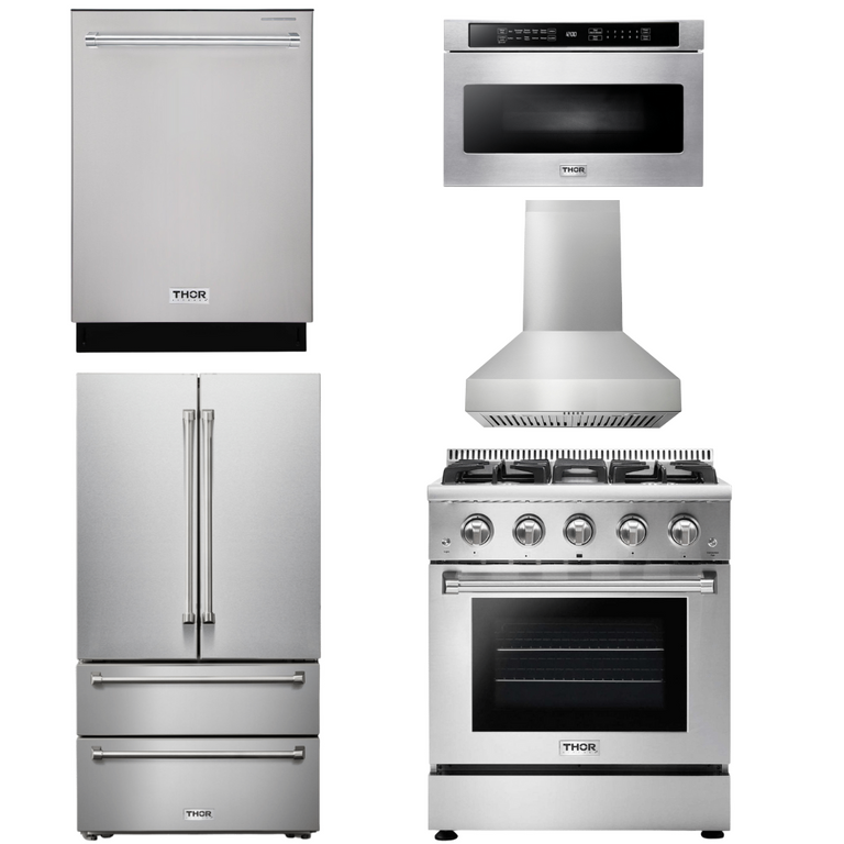Thor Kitchen Package - 30" Propane Gas Range, Range Hood, Microwave, Refrigerator, Dishwasher, AP-HRG3080ULP-W-13