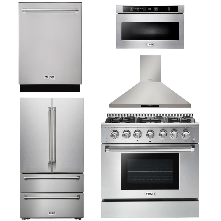 Thor Kitchen Package - 36" Gas Range, Range Hood, Microwave, Refrigerator, Dishwasher, AP-HRG3618U-19
